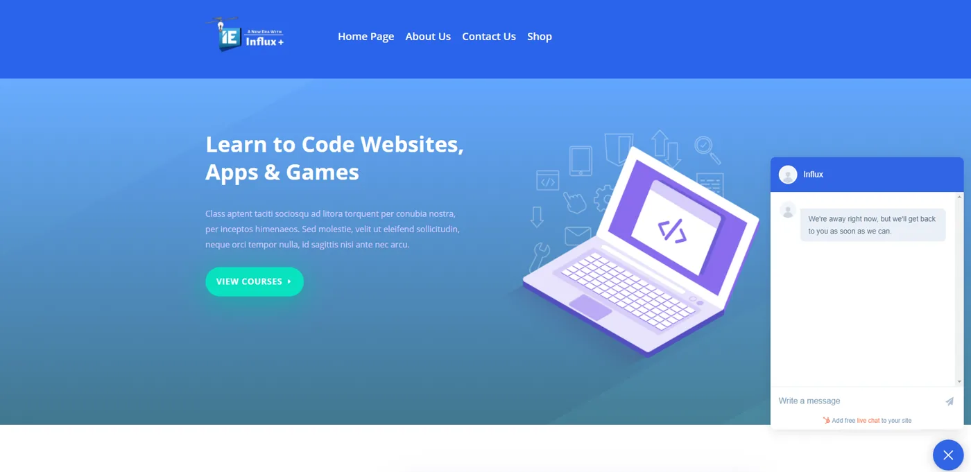 Influx website with live support and customer communication tools