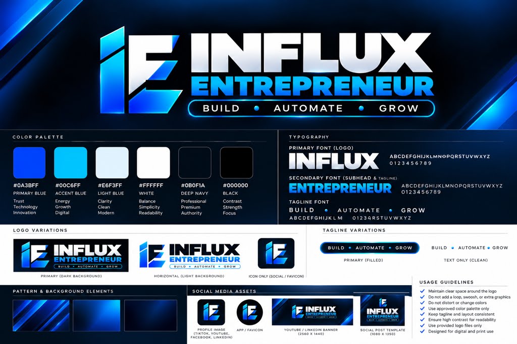 Influx Entrepreneur brand kit with the original logo and visual identity