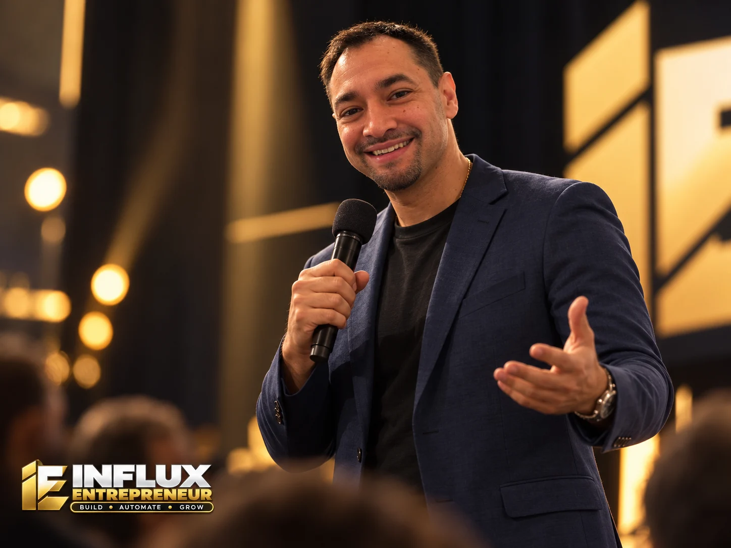 AI-assisted promotional portrait of Hector speaking on stage
