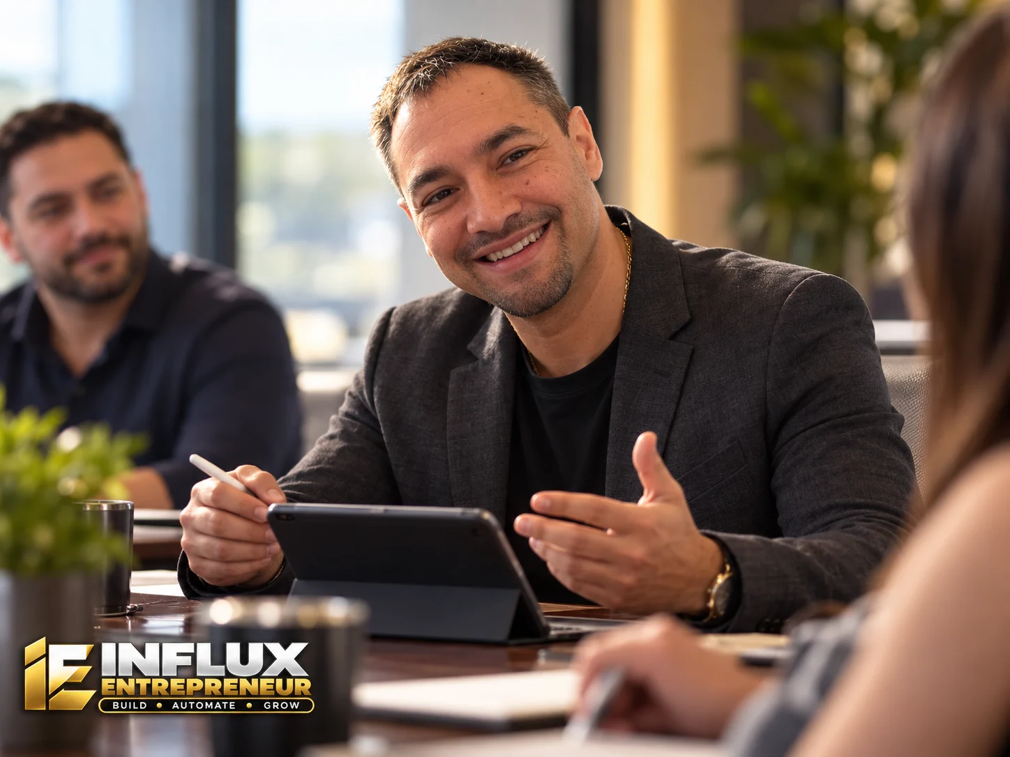 Illustrative promotional scene of Hector leading a business strategy discussion