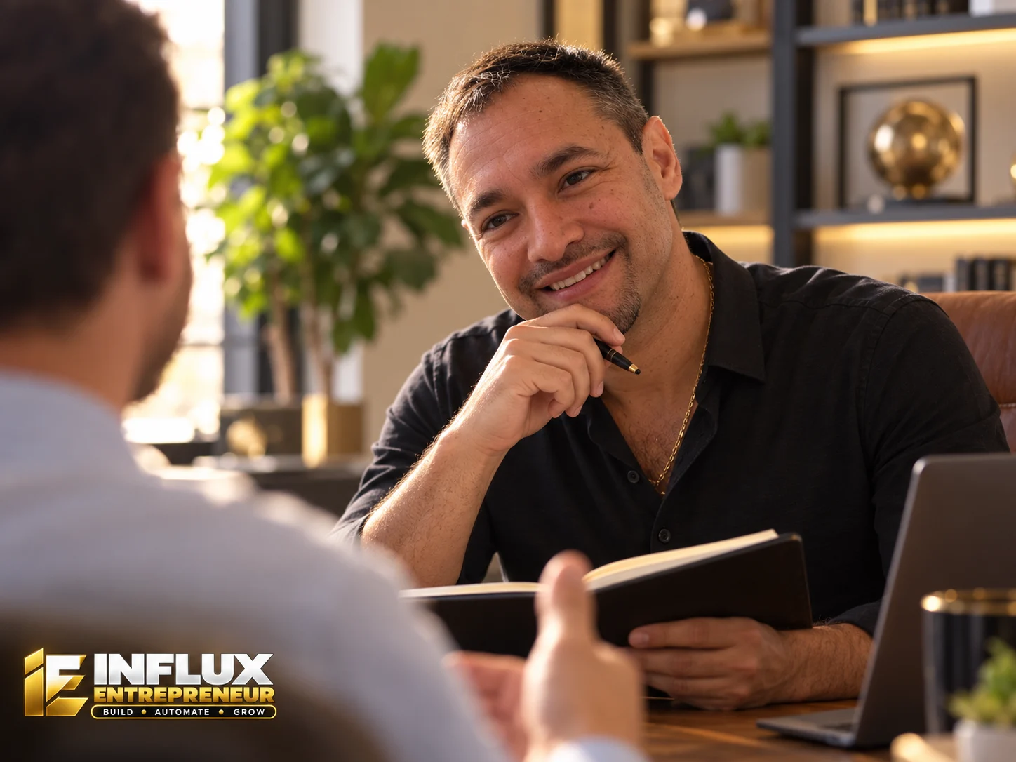 Illustrative promotional portrait of Hector in a business consultation