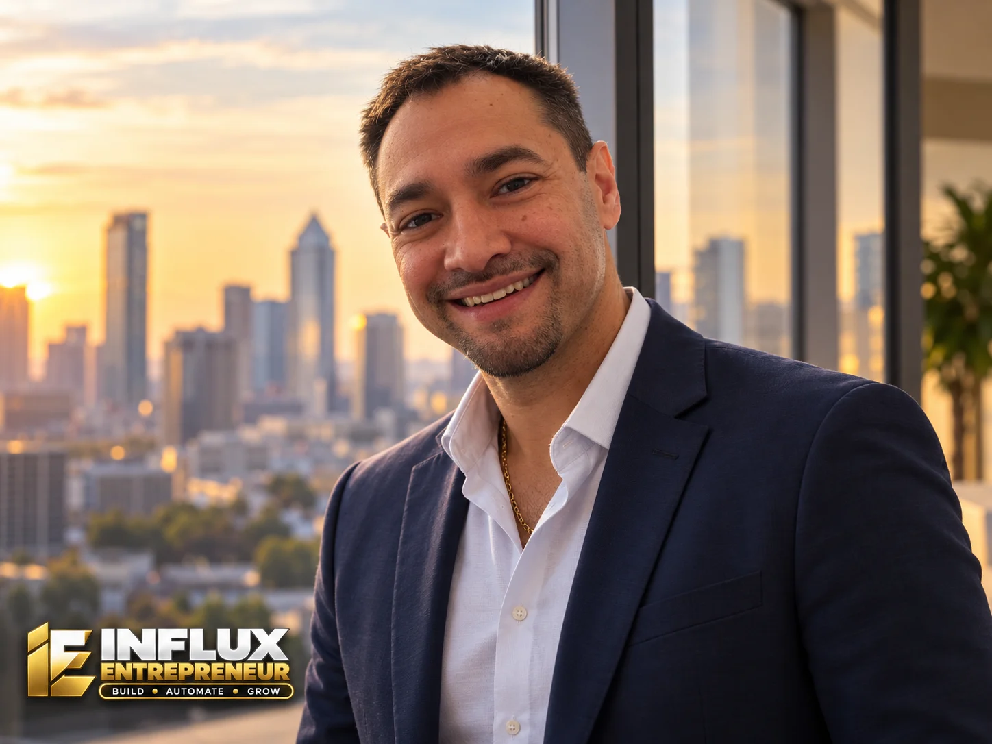 AI-assisted promotional image of Hector Guerrero reflecting beside an office window