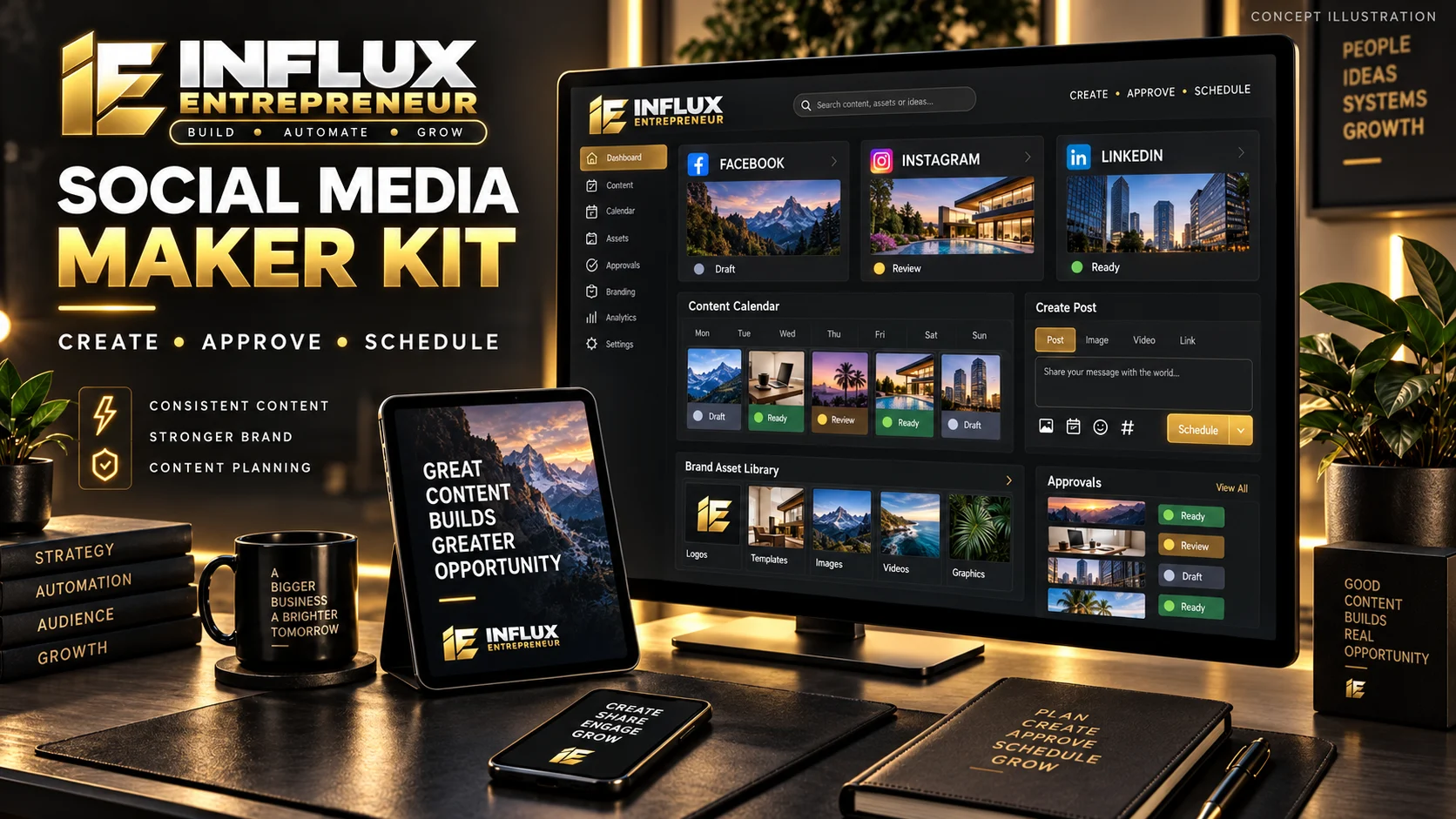 Influx Social Media Maker Kit organizing reusable content across business channels