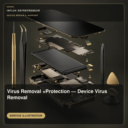 Service illustration for Virus Removal +Protection — Device Virus Removal; no completed repair or result is shown.