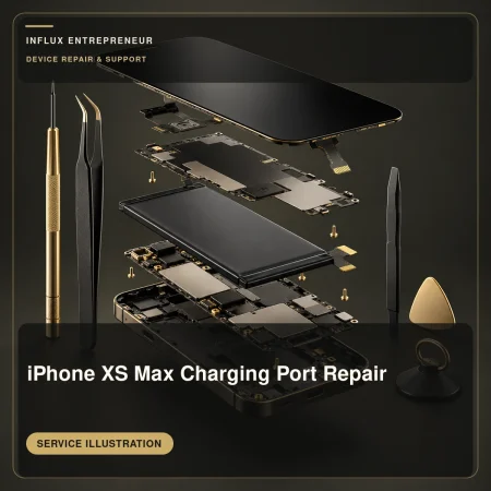 Service illustration for iPhone XS Max Charging Port Repair; no completed repair or result is shown.
