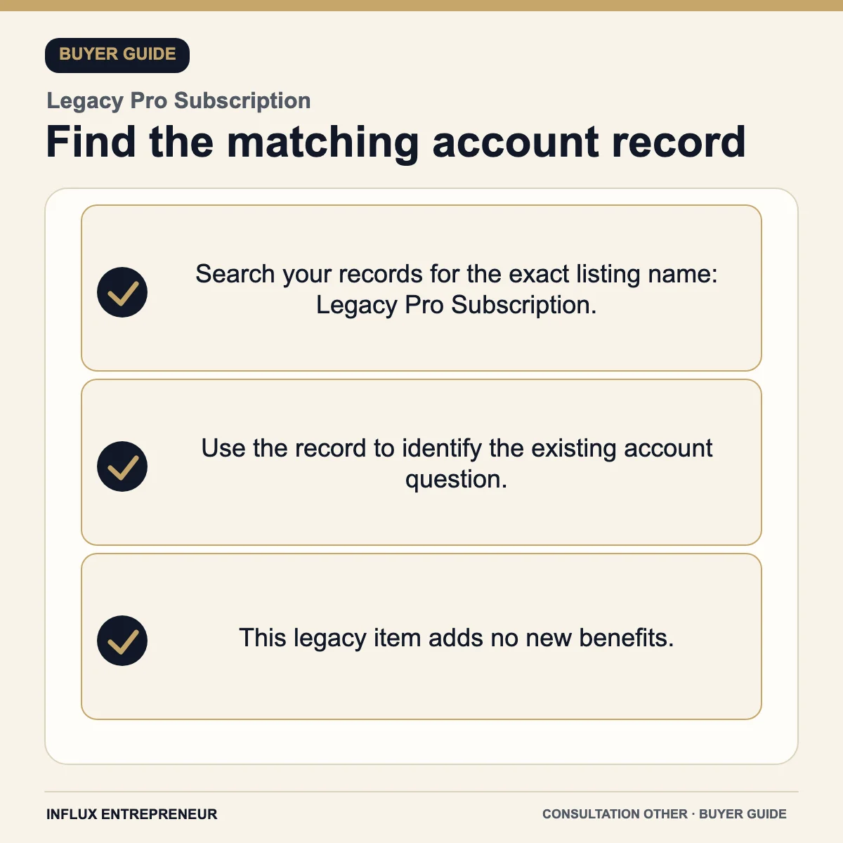 Find the matching account record — buyer guide for Legacy Pro Subscription