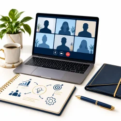 Illustrative online business meeting and strategy planning workspace