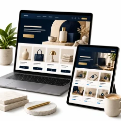 Illustrative laptop and tablet displaying business website and online store layouts