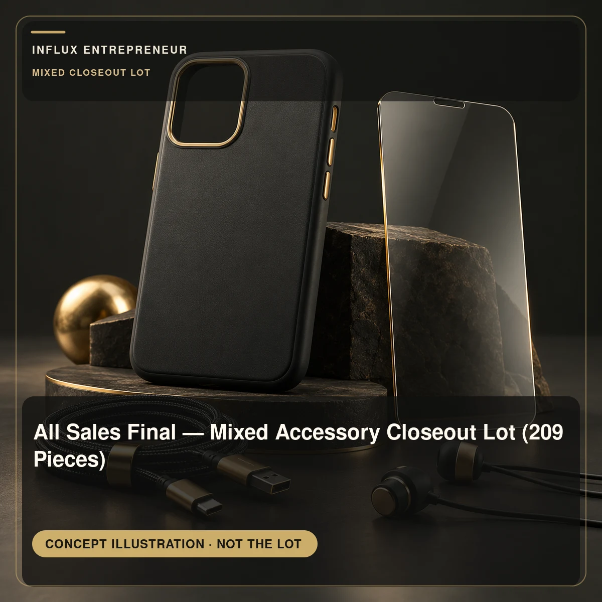 Concept illustration for a mixed closeout listing; exact 209-piece lot contents and device fit are not depicted.