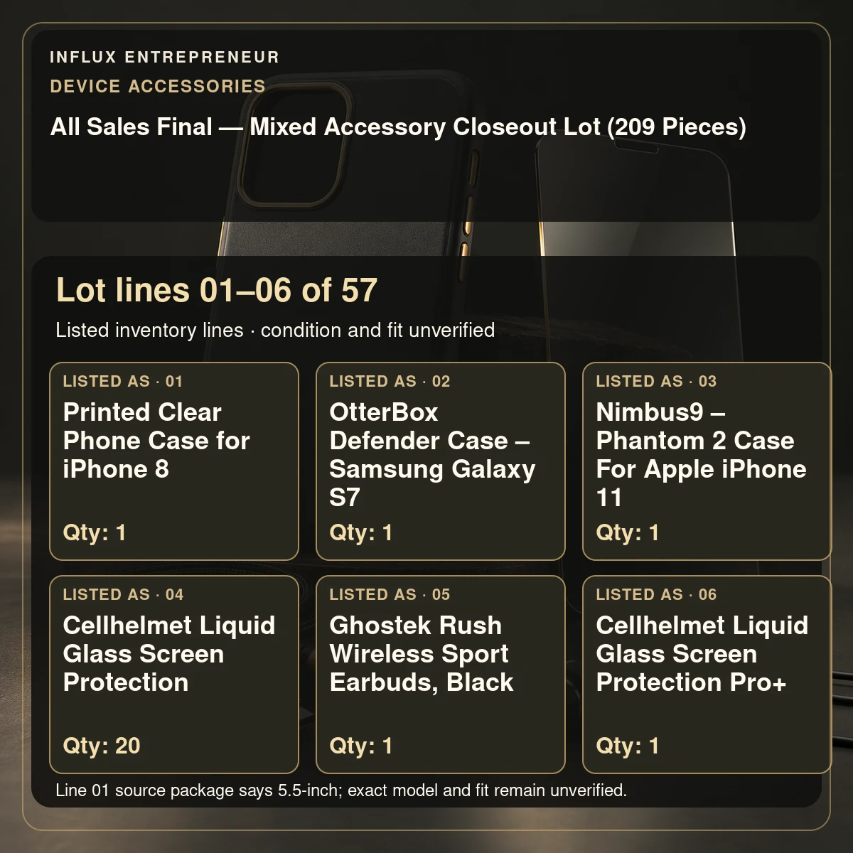 Concept Illustration · Not The Lot: Lot lines 01–06 of 57 for All Sales Final — Mixed Accessory Closeout Lot (209 Pieces). Review listing details; illustration does not verify inventory or compatibility.