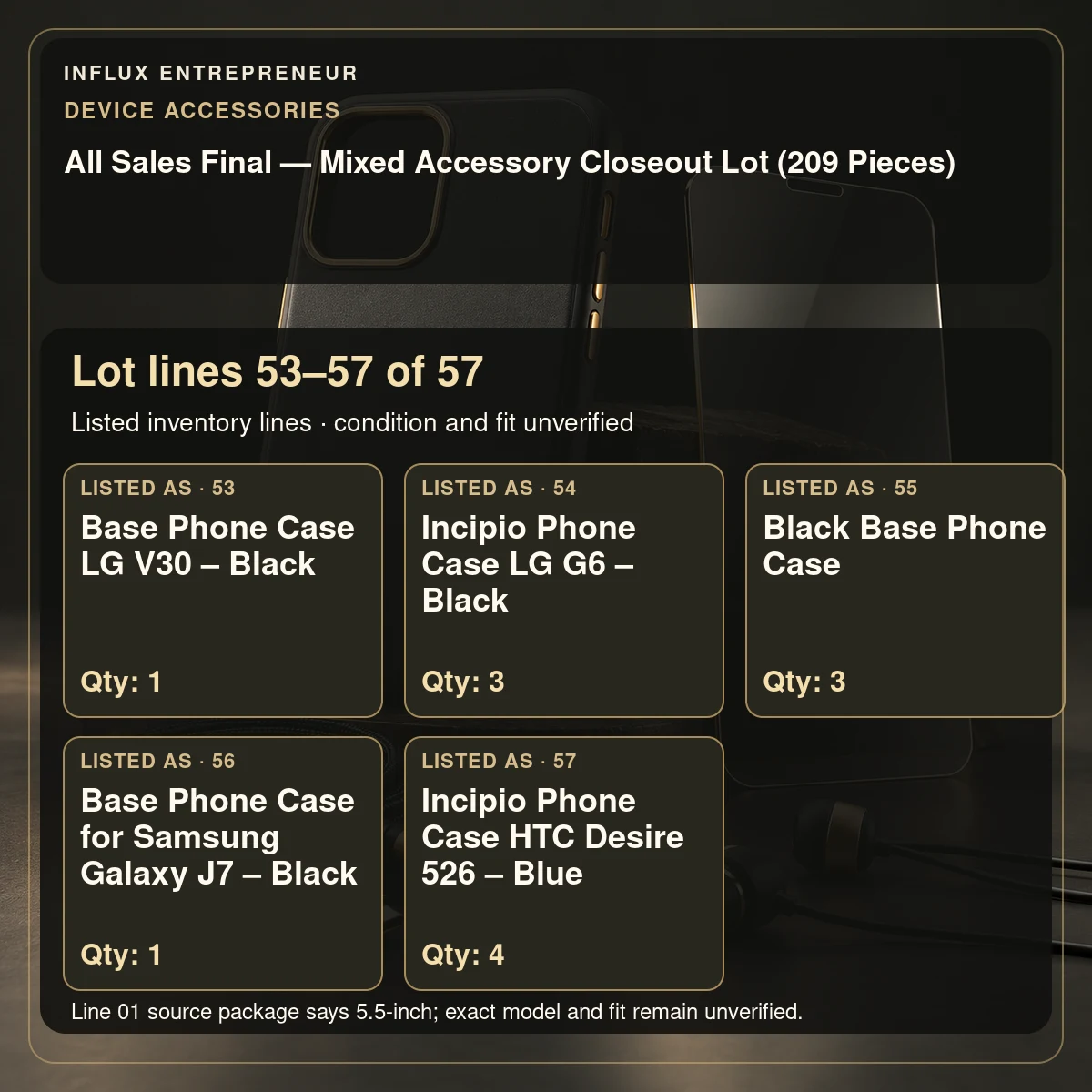 Concept Illustration · Not The Lot: Lot lines 53–57 of 57 for All Sales Final — Mixed Accessory Closeout Lot (209 Pieces). Review listing details; illustration does not verify inventory or compatibility.